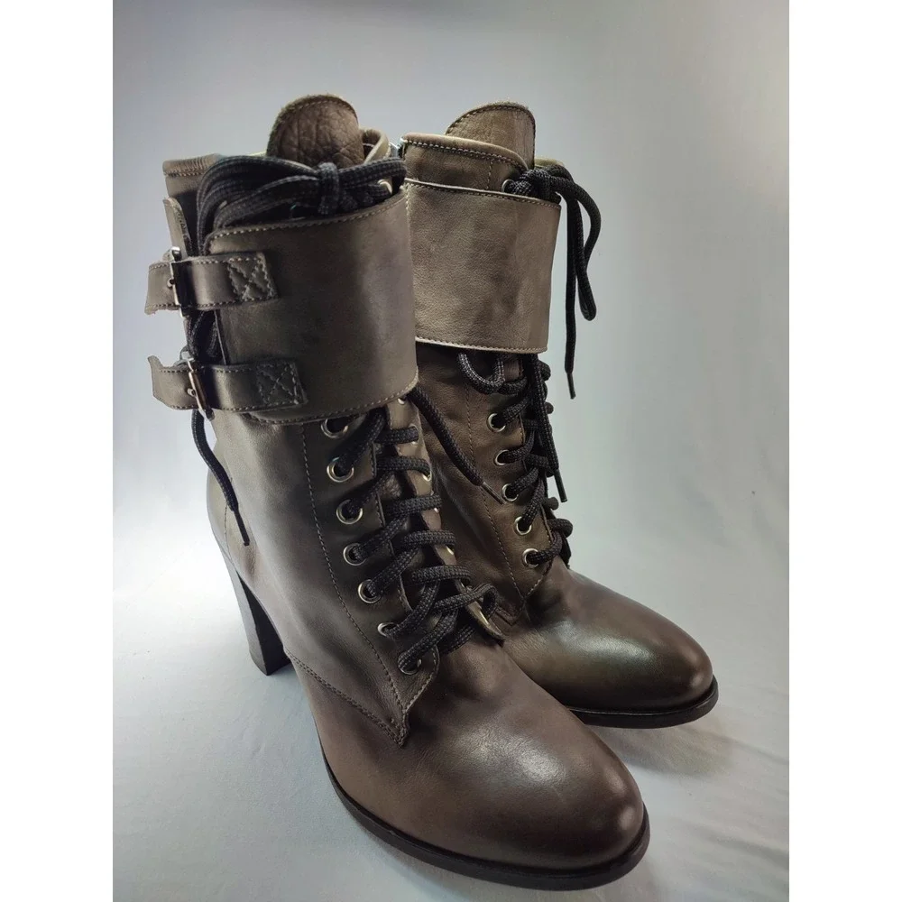 San Crispino ITALY Brown Leather Lace Up Buckle Combat Heel Boot Womens IT40 US9